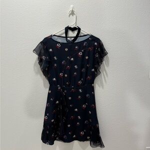 Chic Navy Dress with Sheer Ruffle Sleeves